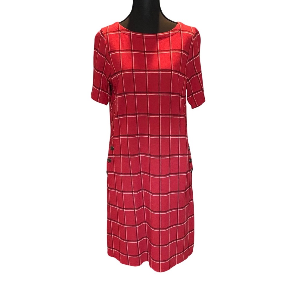 Dark Academia Red Windowpane Plaid Ponte Knit Sheath Dress SP Mod 1960 Retro